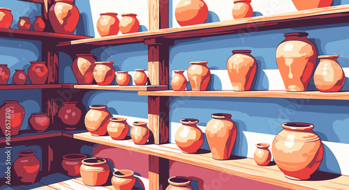 An illustration of a pottery workshop's storeroom with numerous clay pots and vases arranged on wooden shelves.