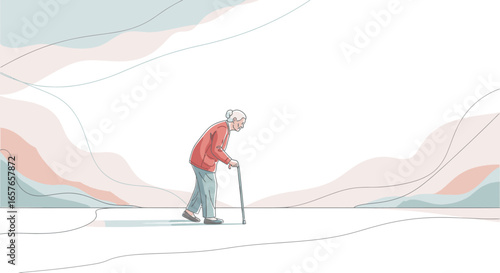 An elderly woman with a walking cane walks alone in a minimalist, abstract landscape.