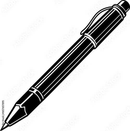 A classic black ballpoint pen with a silver clip presented on a white background