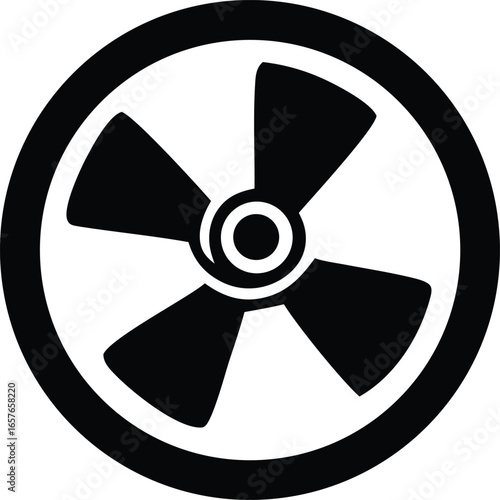 Black and white stylized fan blade symbol enclosed within a circle representing a warning or danger