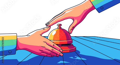 Vibrant illustration of two hands with rainbow sleeves reaching to ring a service bell on a counter.