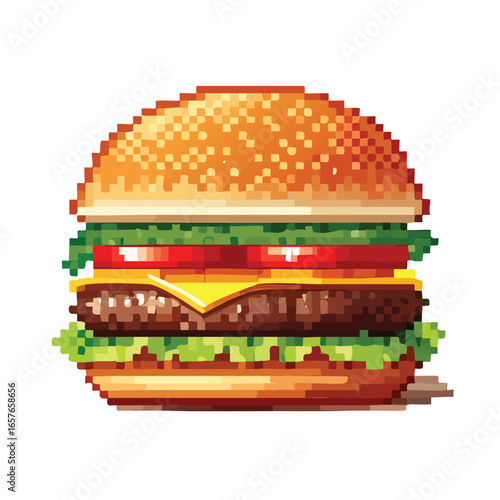 A vibrant pixel art cheeseburger, featuring a juicy patty, melted cheese, fresh lettuce, and tomato, is appetizingly rendered in a retro style on a clean white background.