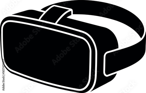 Stylized black and white icon of a virtual reality headset with a headband