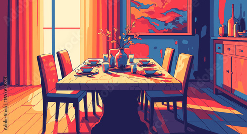 A vibrant, stylized illustration of a dining room with a set table, bathed in warm sunlight and cool shadows.