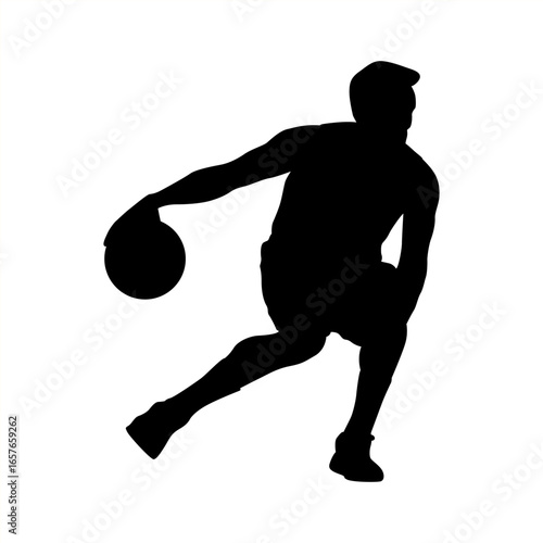 Silhouette of a basketball player dribbling the ball in a low stance, showcasing speed, control, and agility. Perfect for themes of sports, competition, athletic performance, and training.