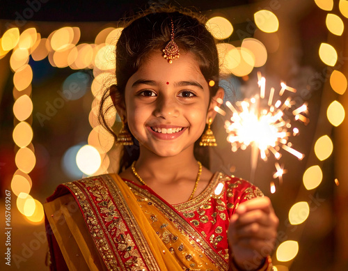 Joyful Indian Girl Celebrates Diwali with Sparkler, Festive Bokeh Background.