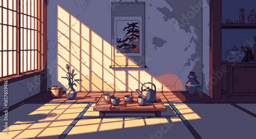 A tranquil pixel art animation of a traditional Japanese tea room bathed in warm afternoon sunlight.