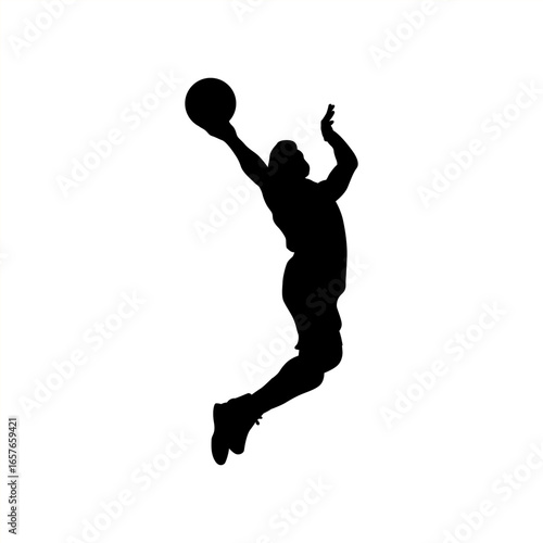 Silhouette of a basketball player soaring through the air while performing a slam dunk, isolated on a white background. Perfect for sports themes, athletic posters, logos, and dynamic design concepts.
