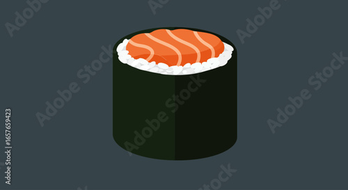 A single, stylized maki sushi roll featuring vibrant orange salmon, white rice, and dark green nori, presented against a dark grey background.