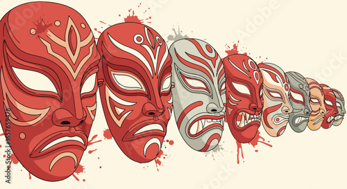A dynamic illustration of a series of red and white theatrical masks with aggressive expressions and paint splatters.