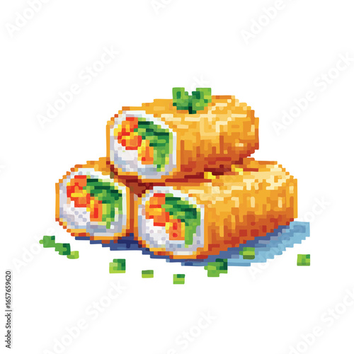 Pixel art illustration of a stack of three golden-brown fried spring rolls with visible fillings.