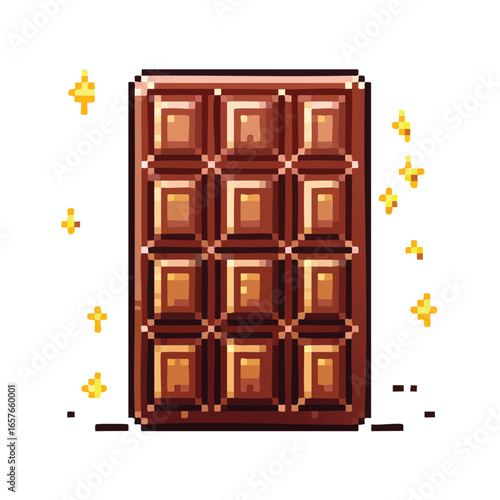 Pixelated illustration of a chocolate bar with a grid pattern, surrounded by sparkles.