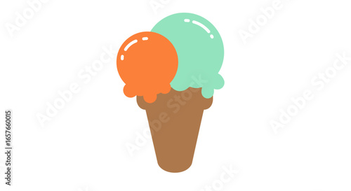 Cartoon ice cream cone with two scoops of orange and mint flavored ice cream.
