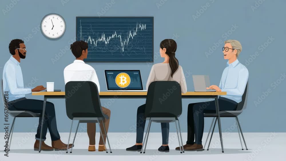 A group of people are gathered around a table in a conference room. Business meeting with faceless team discussing crypto compliance, laptop screen showing bitcoin price chart, crypto law, clean 