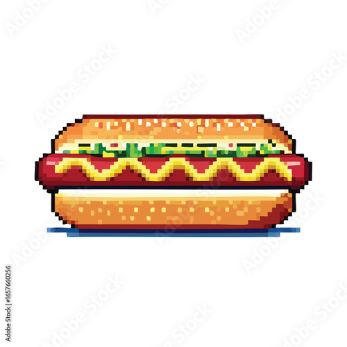 Pixelated illustration of a hot dog in a bun with mustard and relish, side view.