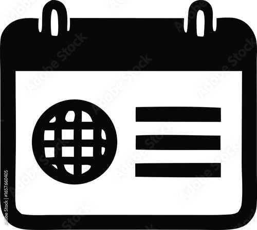 Calendar icon with globe and text lines representing global events or international scheduling