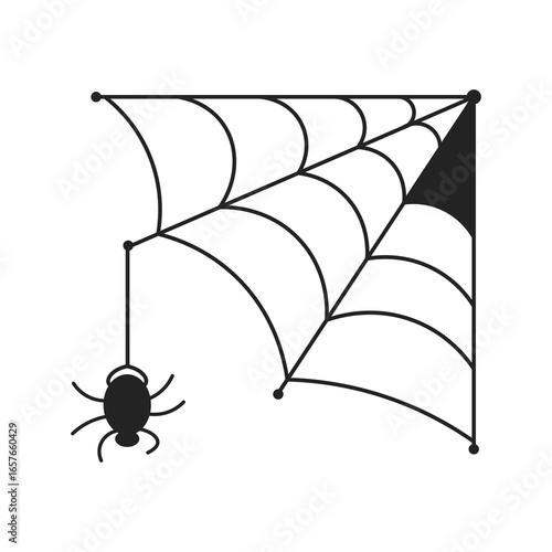 Isolated illustration cartoon silhouette of quarter a spider web with a spider hanging from it for Halloween celebration templates, icons and advertising elements