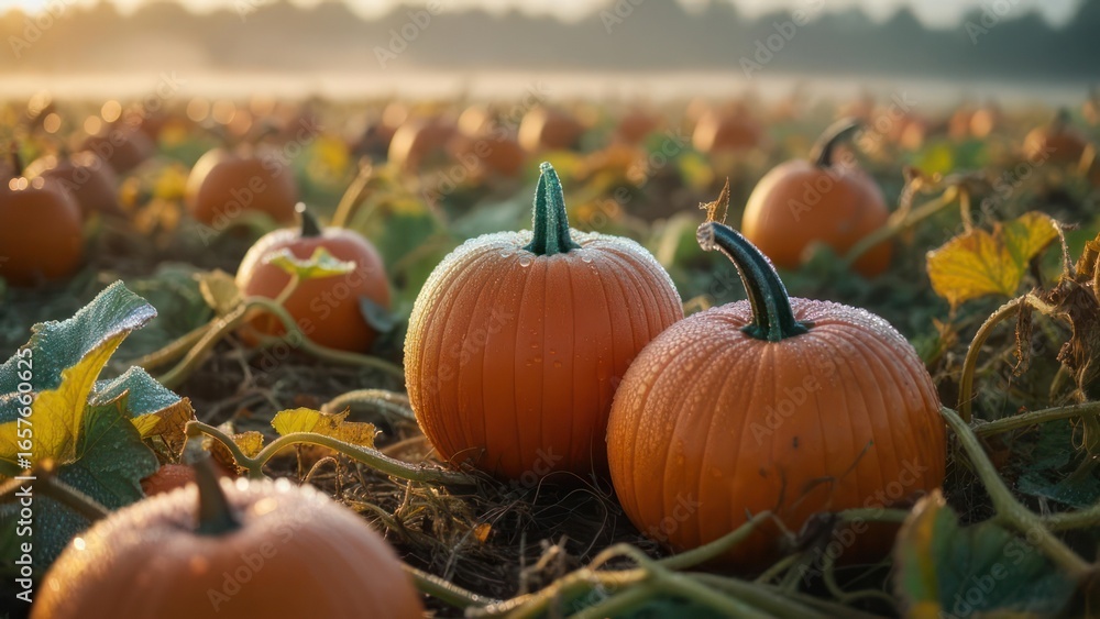 Golden Hour Glow on a Frosty Pumpkin Field During a Serene Autumn Dawn Golden Hour Glow on a Frosty Pumpkin Field During a Serene Autumn Dawn