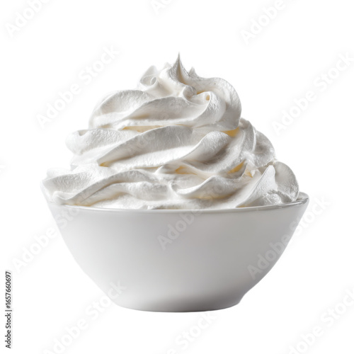 Bowl of whipped cream sits on a white background