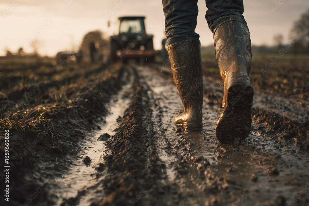 Naklejka premium Close-up of muddy boots walking through a wet farm field with a tractor in the background at sunset