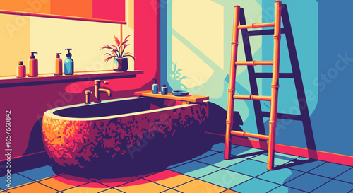 A tranquil, sunlit bathroom with a rustic stone bathtub and a bamboo ladder, depicted in a vibrant, modern art style.