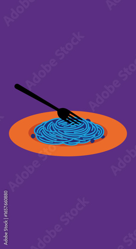 A black fork pierces a vibrant pile of blue spaghetti served on an orange plate against a purple background, creating a striking visual.