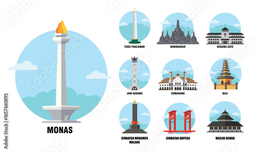 Indonesia landmarks vector graphic illustration set