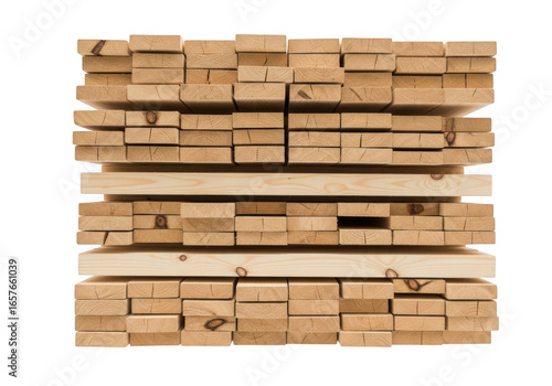 Stack of lumber wood pieces isolated on transparent background