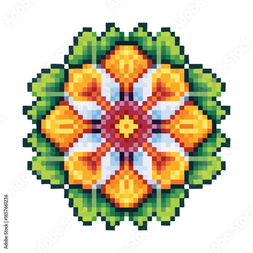 Pixelated symmetrical flower with orange and white petals, surrounded by green leaves, and a dark red center.