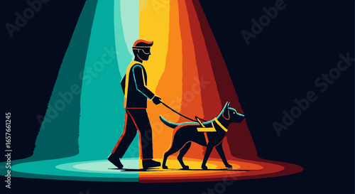Stylized illustration of a blind person with a guide dog walking in a vibrant, rainbow-colored spotlight.