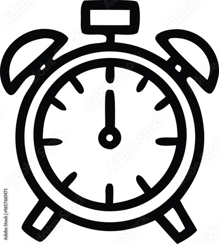Classic alarm clock icon with bold black outline and simple design representing time and wake up