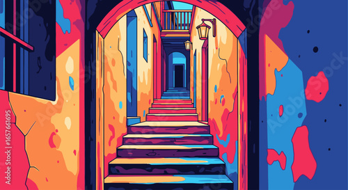 Vibrant pop art illustration of a narrow European alley with a long staircase.