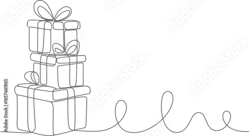 Stacked Gift Boxes with Bows Continuous Line Drawing on Transparent Background
