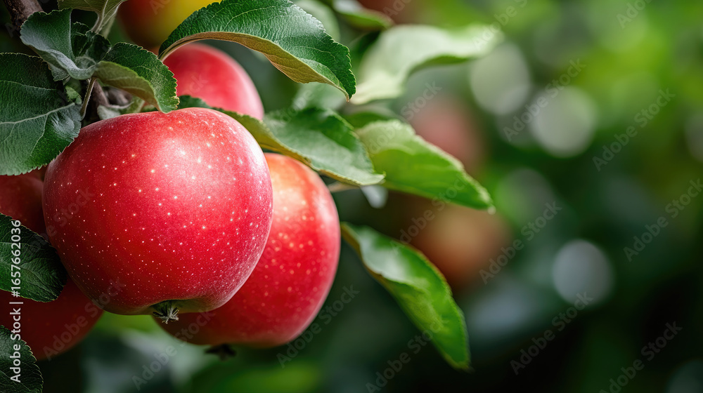 Obraz premium Close-up of juicy red apples growing on a tree branch in an orchard, glistening with water droplets, ready to be picked during the harvest season. Copy space