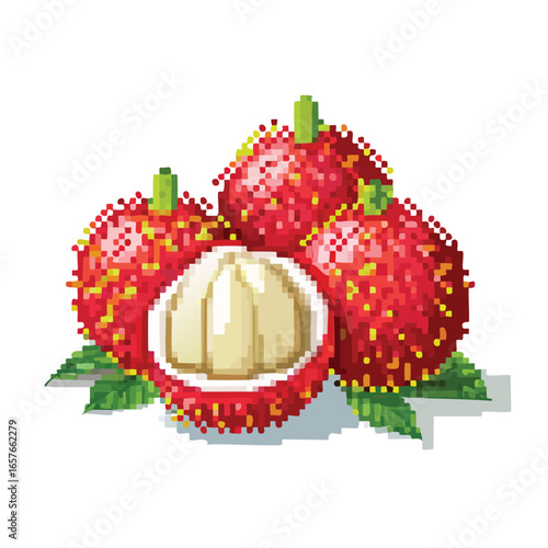 Pixelated image of a group of lychee fruits, one cut open to reveal the white flesh.