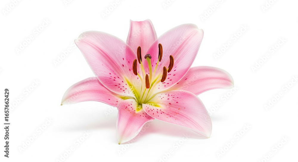 Fototapeta premium Beautiful single pink lily flower with prominent stamens, blooming, isolated on a transparent background.