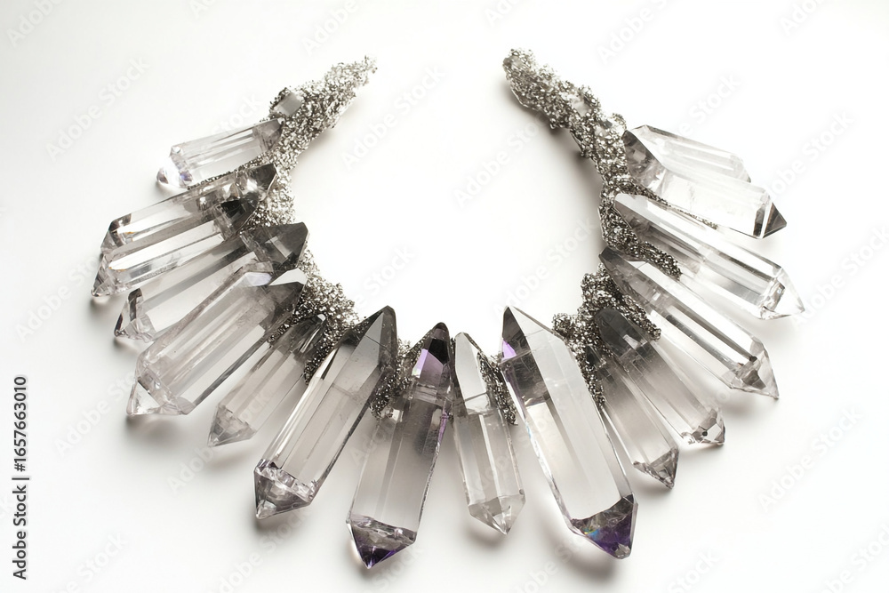 Fototapeta premium Stunning statement necklace featuring raw clear quartz crystals and sparkling silver accents.
