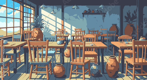 A sunlit rustic cafe or pottery studio interior with wooden tables, chairs, and various ceramic vases.