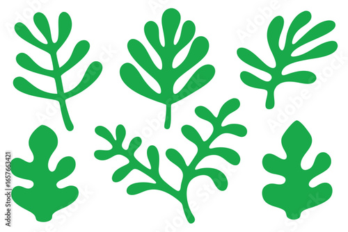 Six green simple leafy cutout foliage shapes are placed against a white backdrop