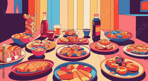 A vibrant, colorful illustration of a lavish banquet table filled with a variety of delicious food and drinks.