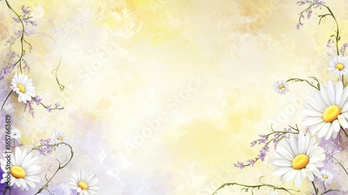 Abstract Watercolor Background with Daisies and Lavender Accents in Soft Yellow and Lavender Hues