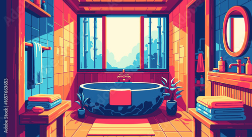 Vibrant digital illustration of a tranquil, sunlit bathroom with a large soaking tub and a window overlooking a bamboo forest.