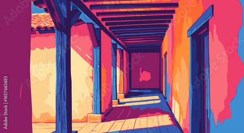 A vibrant, stylized illustration of a sunlit architectural corridor, featuring bold colors, dramatic shadows, and a strong sense of perspective.