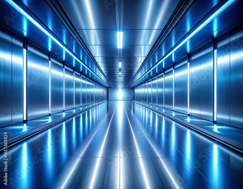 Gleaming Blue Neon Corridor Stretching into an Infinite Vanishing Point.