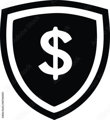 Bold black shield emblem featuring a prominent white dollar sign symbolizing financial security and protection
