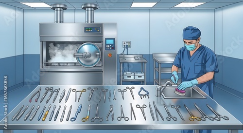 Surgeon Cleaning Surgical Tools in a Bright Operating Room