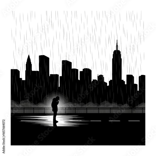 Silhouette of a person standing in the rain against a city skyline woman