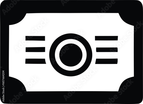 Simple black and white icon of a stylized banknote or certificate with a central emblem and horizontal lines