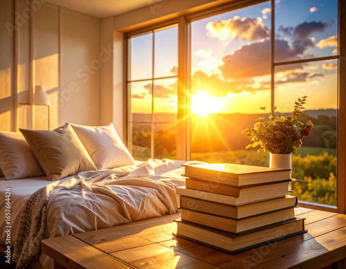 Sun-Kissed Bedroom Retreat with Stacked Books and a Radiant Golden Hour View.