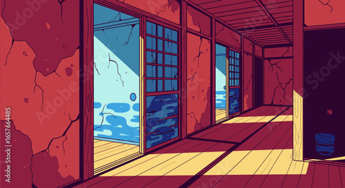 Sunlight casts long shadows down a decaying traditional Japanese corridor opening directly onto the ocean.